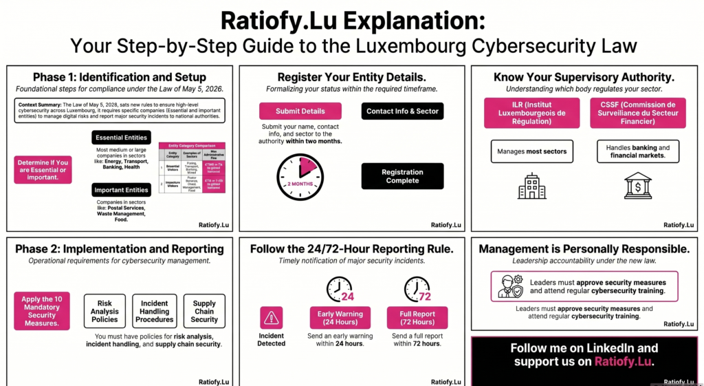 NIS2 in Luxembourg under Law of 5 May 2026 concerning measures to ensure a high level of cybersecurity-Ratiofy.Lu